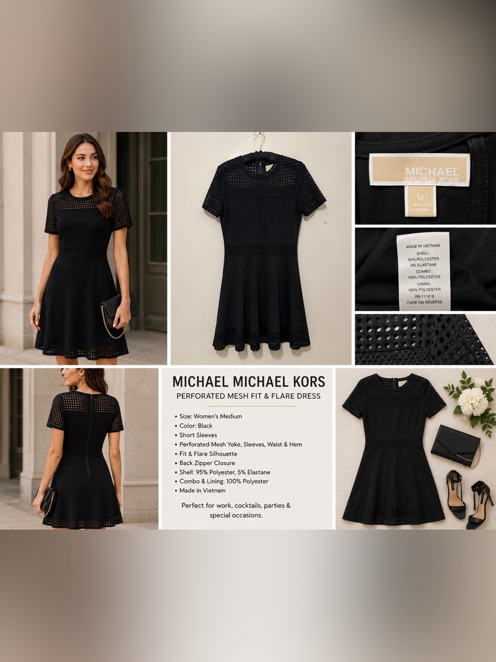 Michael Michael Kors Black Perforated Mesh Fit & Flare Dress Women's Medium